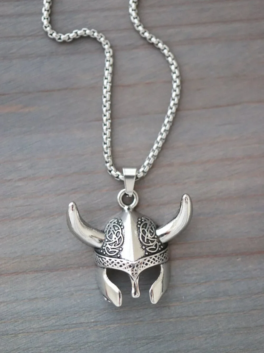 Viking Mask Pendant Necklace Silver Stainless Steel